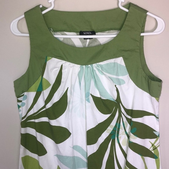 2/$15 XOXO - Green White Tropical Leaf Print Sleeveless Mini Dress Size 5 - Picture 3 of 5